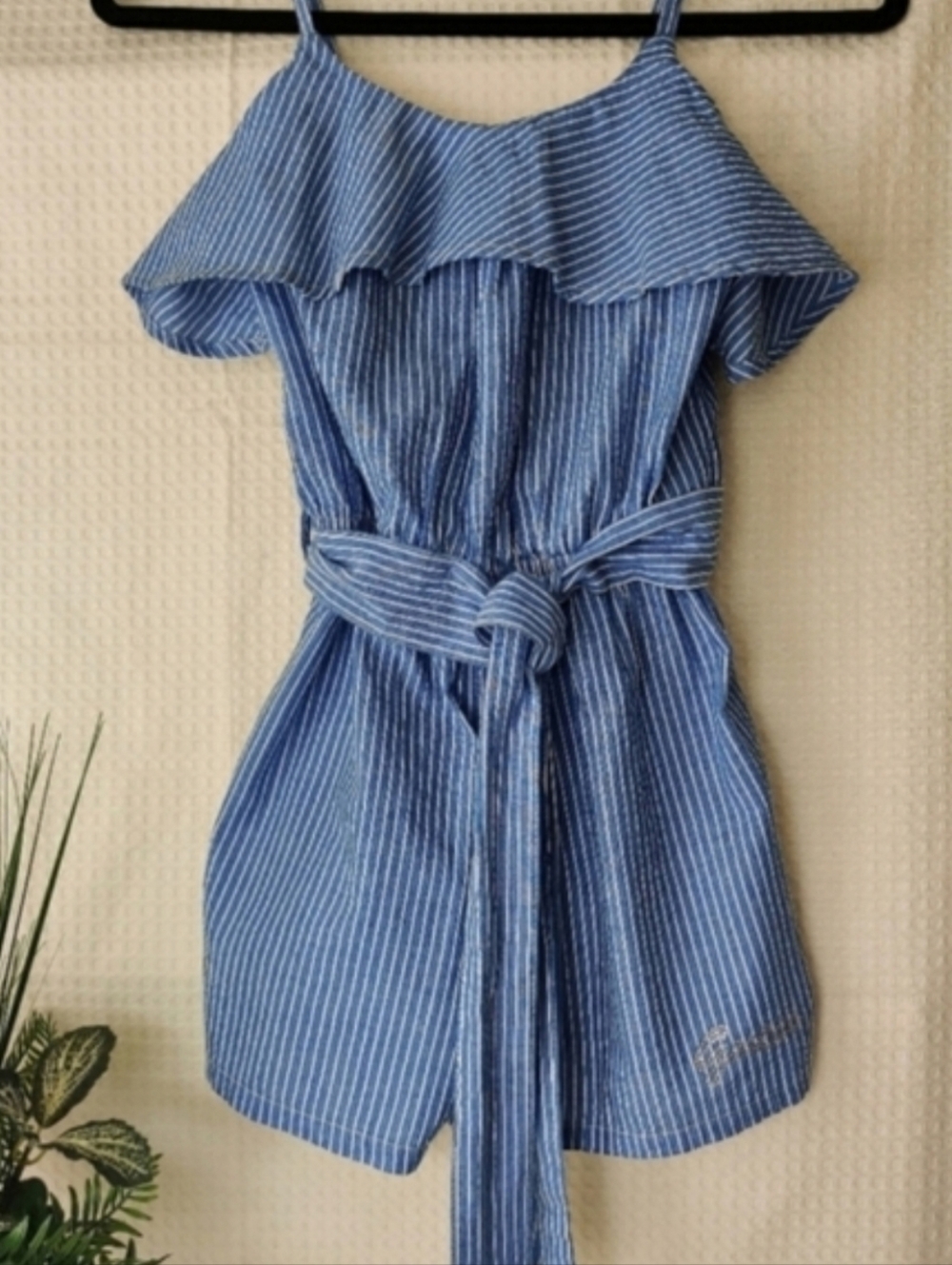 Guess Girls Blue/White Pinstriped Ruffle Spaghetti Strap Romper, Size 12